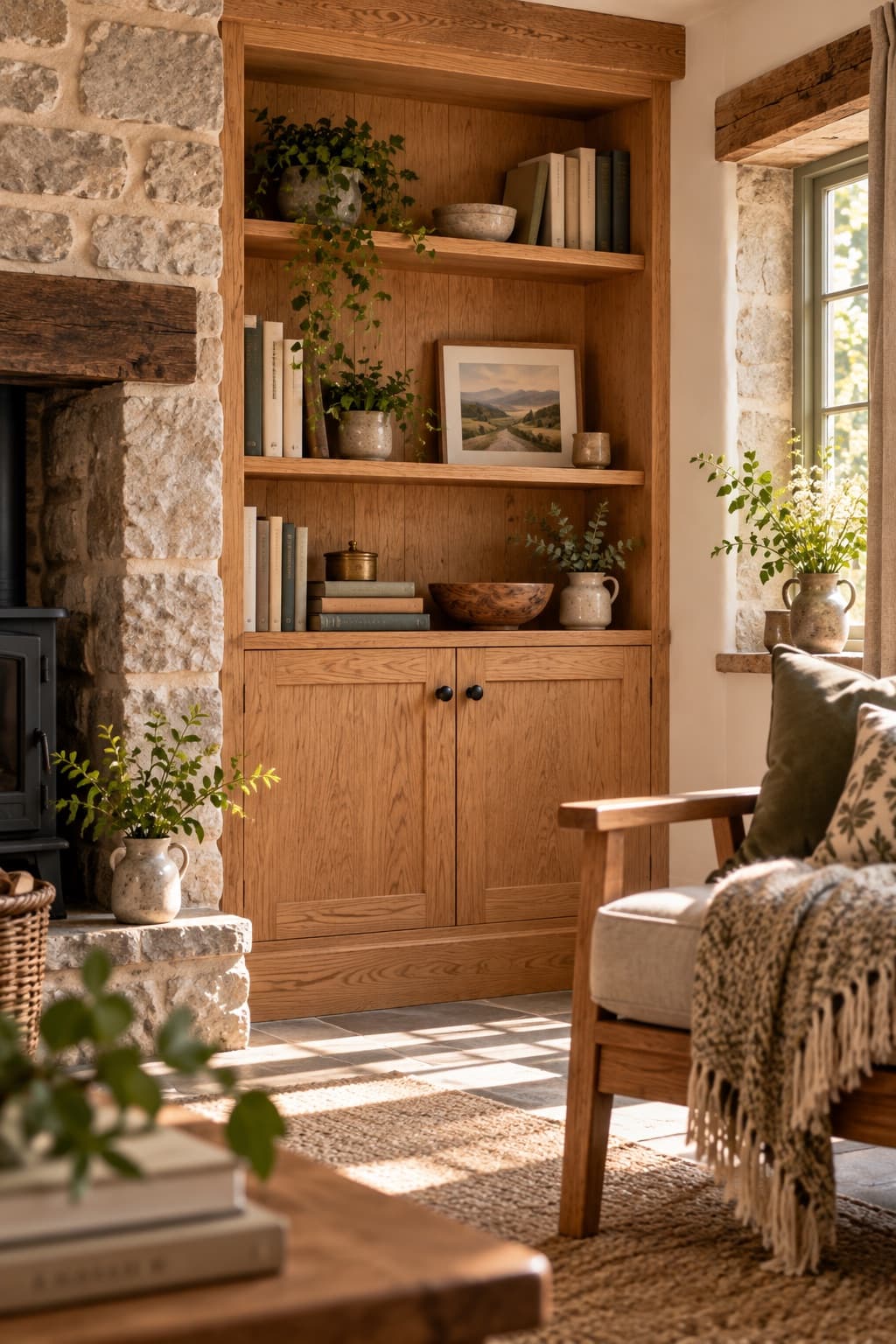 Fictional fitted oak shelves in a small cottage alcove