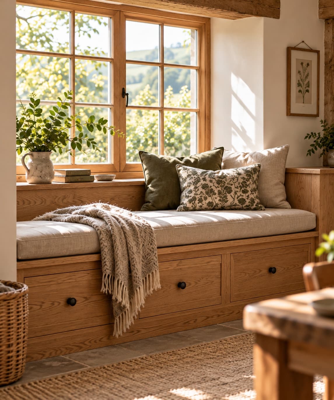 Fictional oak window seat with drawers beside a cottage window
