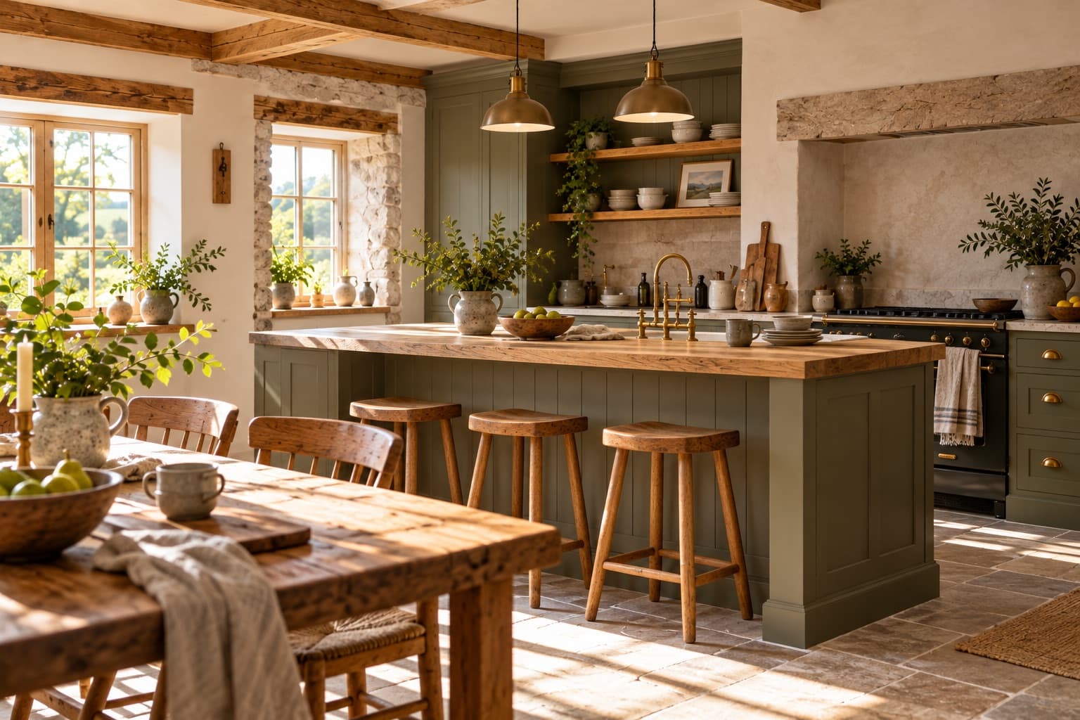 Illustration of a bespoke oak kitchen with a central island