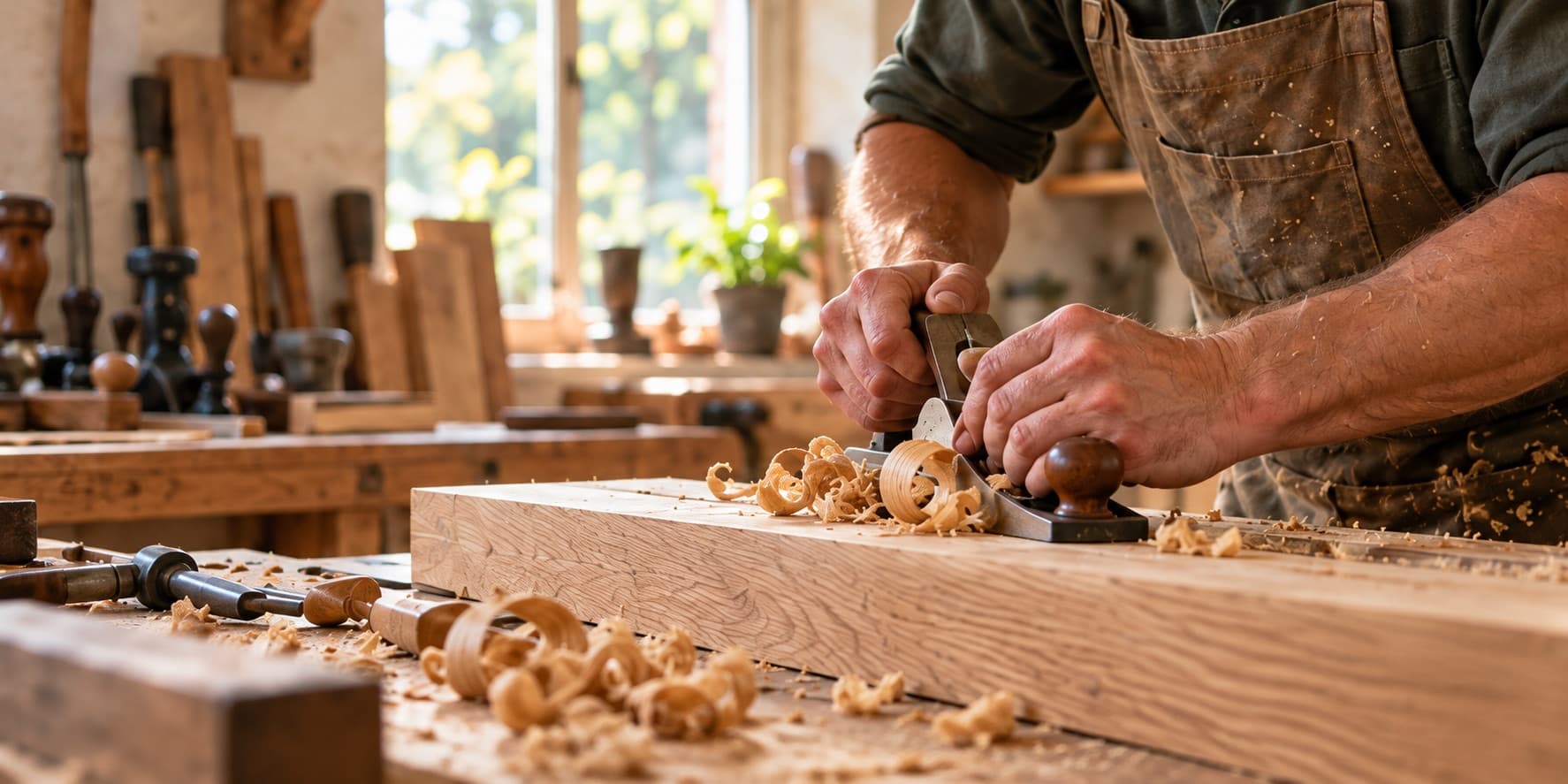 Illustration of a sunlit woodworking workshop with a carpenter's bench